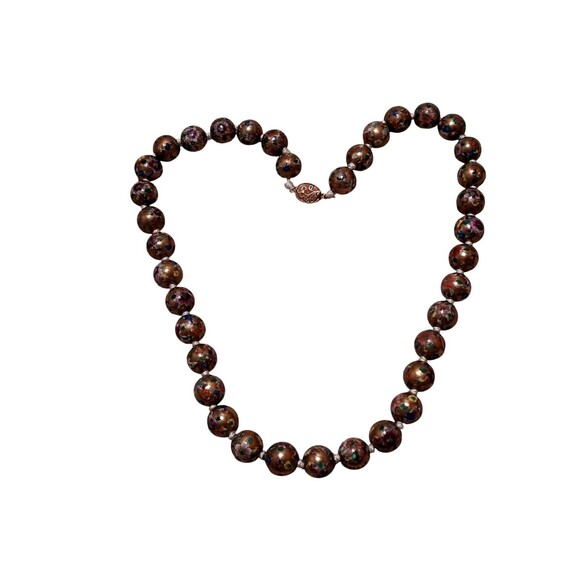 Chinese Export Painted Bead Necklace Gold Pink Red Flowers - Picture 2 of 10